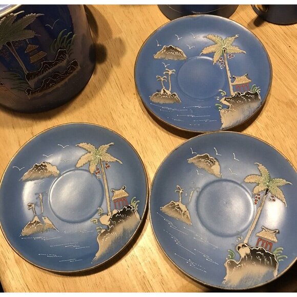 1920s Morimura Japan Moriage Tea Set Coffee Island Palm Trees Pagoda Gaudy Blue - Picture 9 of 16